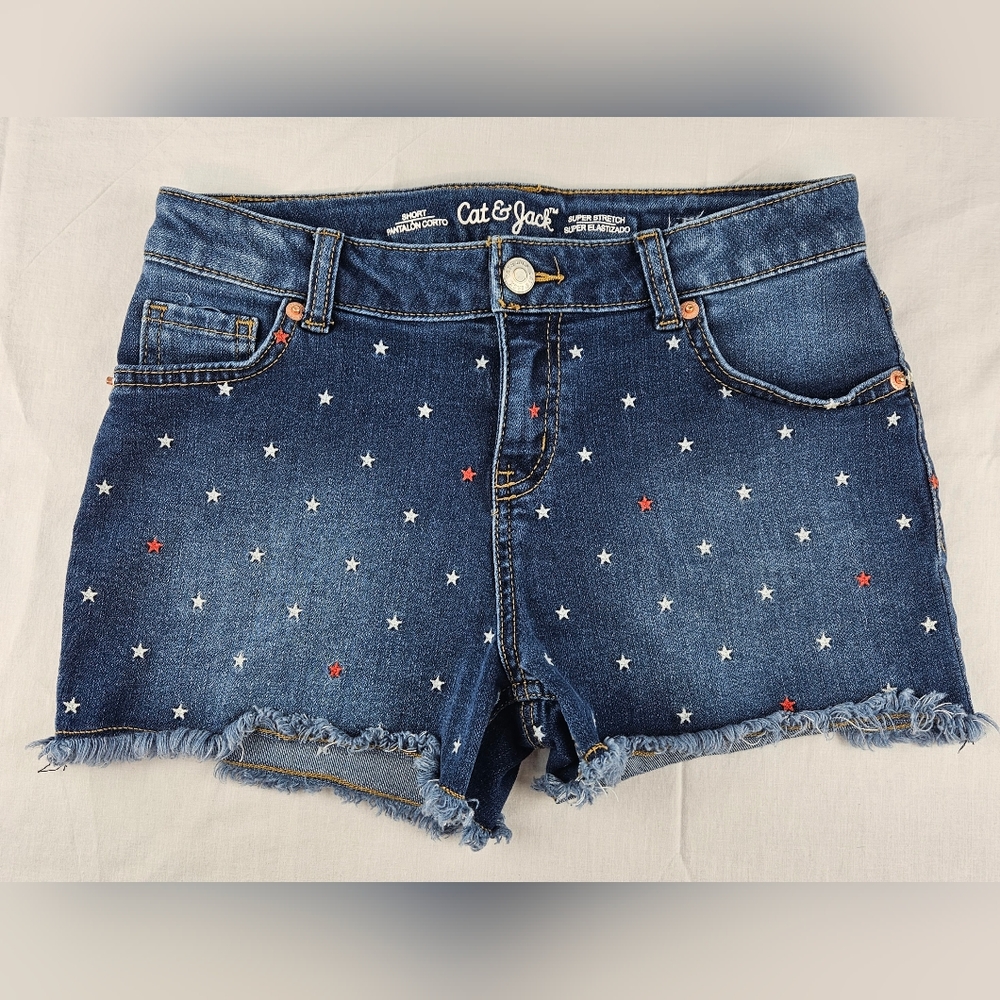 Cat & Jack girls large 10/12 star jean shorts red white blue